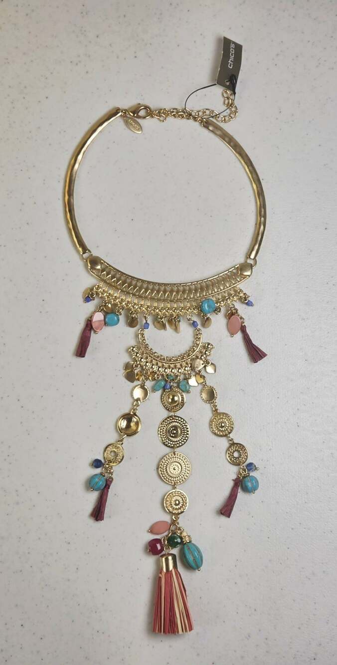 Chico's Brooklyn Ott Bib Necklace Gold Tone Colorful Beads Tassels